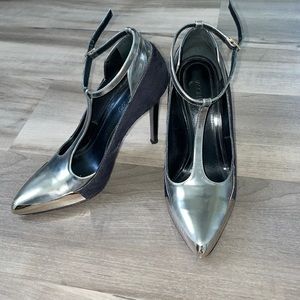 Black/Silver Hair-on-hide Metallic T-strap Stiletto Pumps